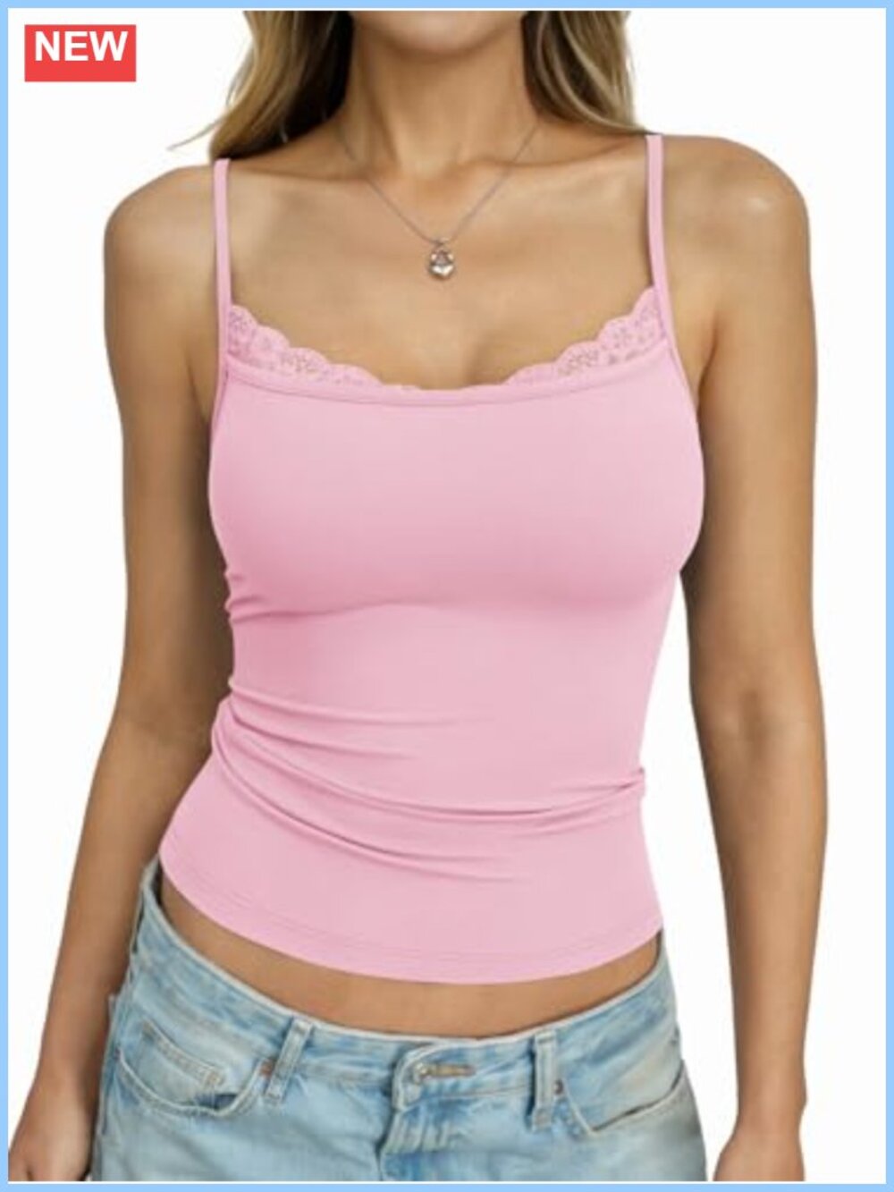 Lace Trim Camisole Tank Top Spaghetti Strap Square Neck Slim Fit Women